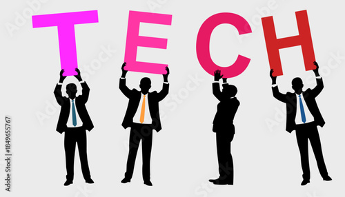 Silhouette of four people holding the word TECH, showcasing their dedication to technology. 
