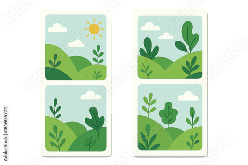 Four cartoonish landscape illustrations with hills and foliage