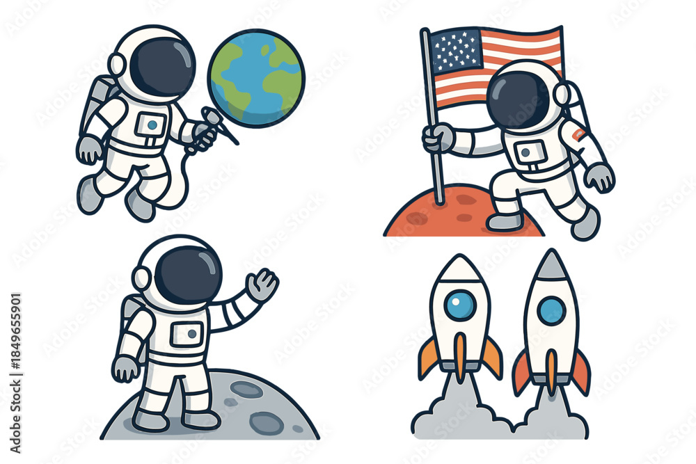 Fototapeta premium Cute Astronauts and Rockets in Space