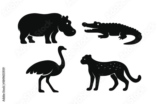 Silhouette safari animals collage on dark background
