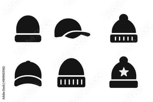 Sleek Winter Headwear Icons. Sleek winter headwear. Filled icon set of sleek winter headwear: sleek beanie,