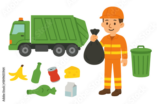 Cartoon Garbage Collector with Truck and Trash