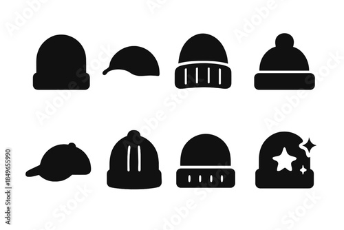 Sleek Winter Headwear Icons. Sleek winter headwear. Filled icon set of sleek winter headwear: sleek beanie,