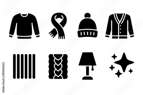 Cozy Knit Icon Set. Indoor cozy knit set. Filled icon set of indoor cozy knit set: cozy sweater, scarf wrap,