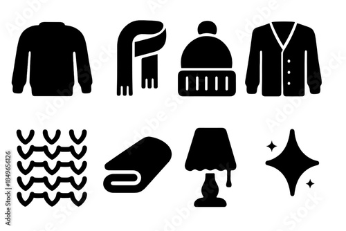 Cozy Knit Icons. Indoor knit style. Filled icon set of indoor knit style: sweater silhouette, knit scarf,