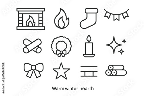 Cozy Winter Icons. Warm winter hearth. Line outline icon set of Warm winter hearth: fireplace frame, fire