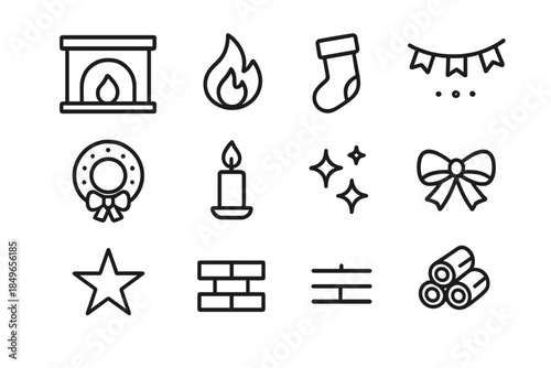 Cozy Winter Icons. Warm winter hearth. Line outline icon set of Warm winter hearth: fireplace frame, fire