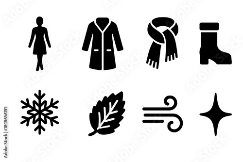 Winter Fashion Icons. Winter runway fashion. Filled icon set of winter runway fashion: model figure, coat