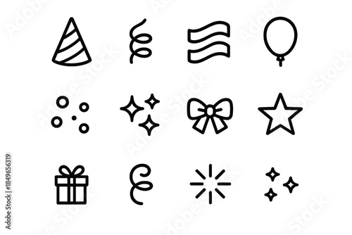 Party Supplies Icons. Fun party supplies. Line outline icon set of Fun party supplies: party hat, streamer