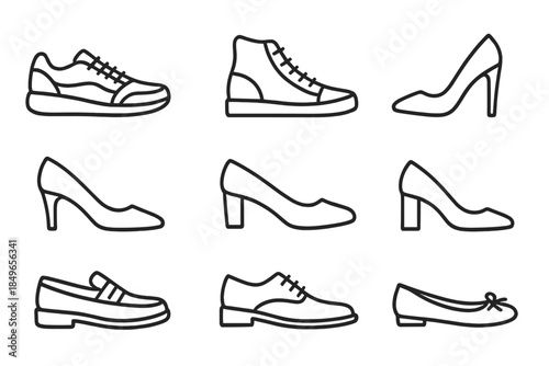 Nine Different Shoe Icons on Gray Background