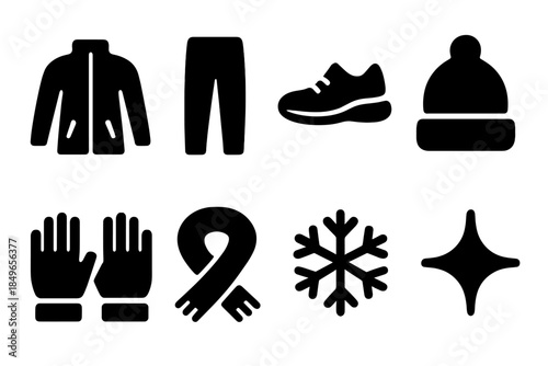 Sporty Winter Icons. Sporty cold-weather looks. Filled icon set of sporty cold-weather looks: athletic jacket,