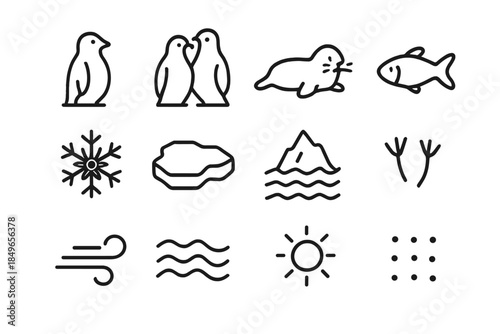 Icy Wildlife Icons. Icy wildlife journey. Line outline icon set of Icy wildlife journey: penguin, penguin pair