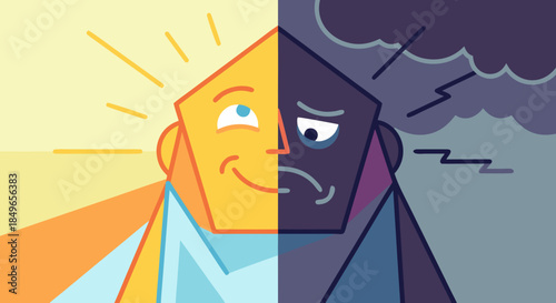 Split Portrait Showing Happiness and Depression, Mental Health Illustration