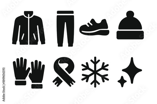 Winter Sports Icons. Winter athletic style. Filled icon set of winter athletic style: track jacket, jogger