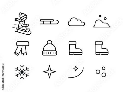 Winter Sledding Icons. Snowy hill sledding. Line outline icon set of Snowy hill sledding: child figure, sled