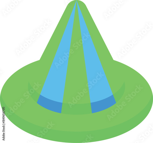 Green conical hat with blue stripes flowing down, depicted isometrically, representing fashion or celebration