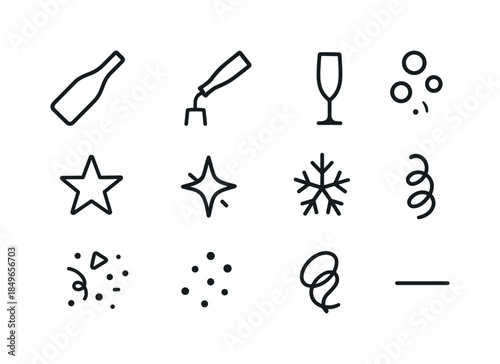 Champagne Celebration Icons. Champagne pour celebration. Line outline icon set of Champagne pour celebration: