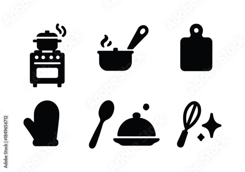 Festive Kitchen Icons. Festive cooking kitchen. Filled icon set of festive cooking kitchen: oven door, pot