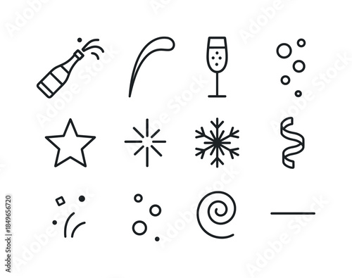 Effervescent Icon Grid. Effervescent pour scene. Line outline icon set of Effervescent pour scene: bottle