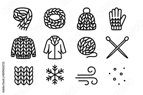 Chunky Knit Icon Set. Chunky knit accessories. Line outline icon set of Chunky knit accessories: knitted scarf