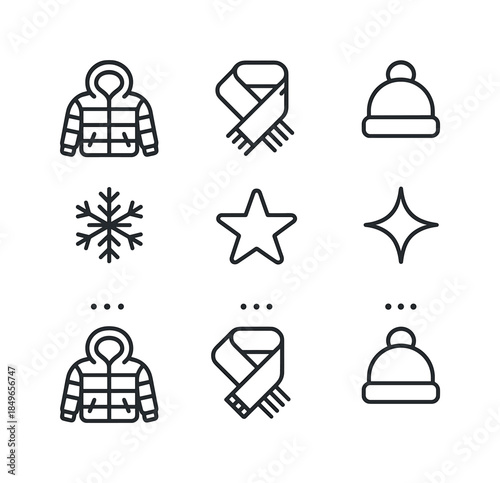 Metallic Jacket Icon Set. Metallic puffer jackets. Line outline icon set of Metallic puffer jackets: jacket