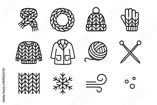 Chunky Knit Icon Set. Chunky knit accessories. Line outline icon set of Chunky knit accessories: knitted scarf