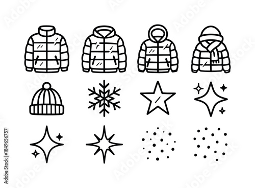 Futuristic Jacket Icons. Futuristic metallic jackets. Line outline icon set of Futuristic metallic jackets: