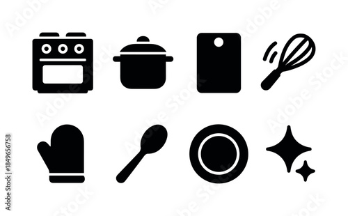 Kitchen Prep Icons. Dinner prep kitchen. Filled icon set of dinner prep kitchen: oven frame, saucepan,