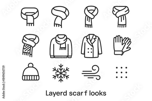Layered Scarf Icons. Layered scarf looks. Line outline icon set of Layered scarf looks: scarf outline, draped