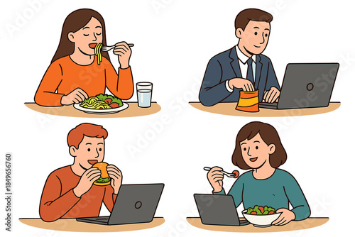 Four people eating and working on laptops