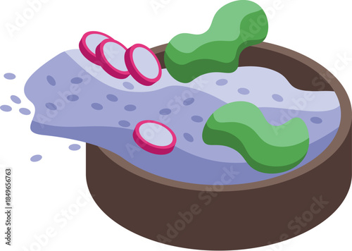 Purple rice porridge being prepared with radish and wasabi, creating a vibrant and healthy meal