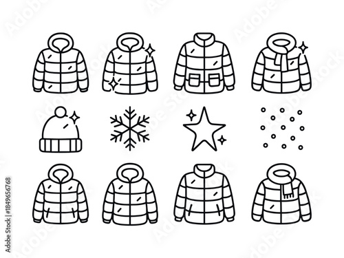 Metallic Jackets Icons. Modern metallic jackets. Line outline icon set of Modern metallic jackets: jacket