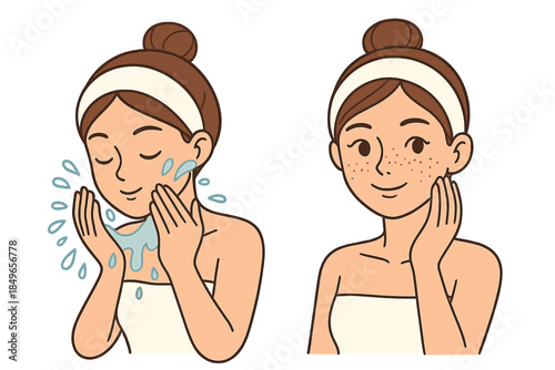 Woman washing her face and showing clear skin