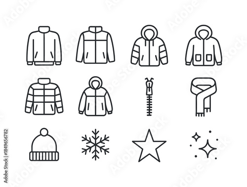 Shimmering Winter Jackets Icons. Shimmering winter jackets. Line outline icon set of Shimmering winter jackets