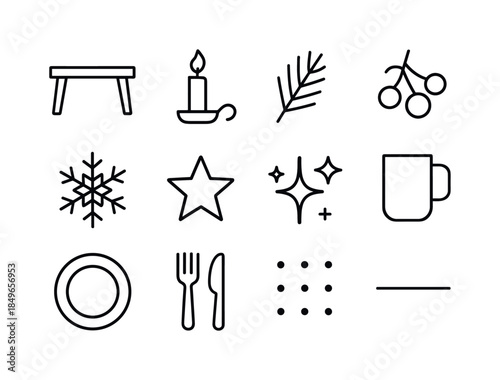 Wintry Lodge Icon Set. Wintry lodge table. Line outline icon set of Wintry lodge table: table outline, candle,