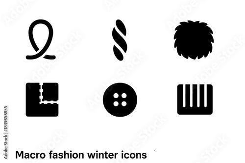 Winter Fashion Icons. Macro fashion winter shots. Filled icon set of macro fashion winter shots: knit loop,