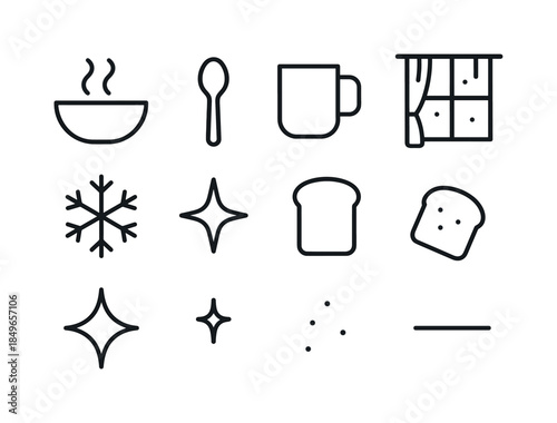 Cozy Broth Icons. Cozy broth by glass. Line outline icon set of Cozy broth by glass: soup bowl outline, steam,