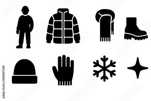 Trendy Winter Icons 2026. Teens in trendy winter outfits 2026. Filled icon set of teens in trendy winter