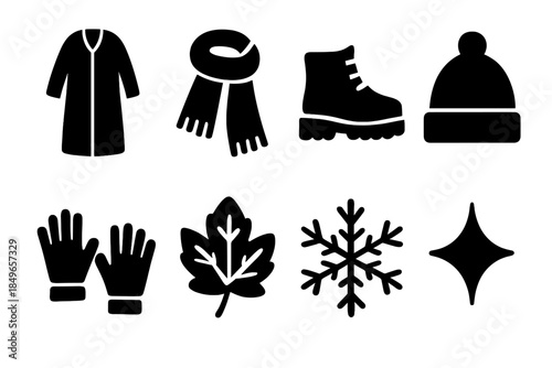 Teen Winter Fashion Icons. Teen winter wear trends. Filled icon set of teen winter wear trends: long coat,