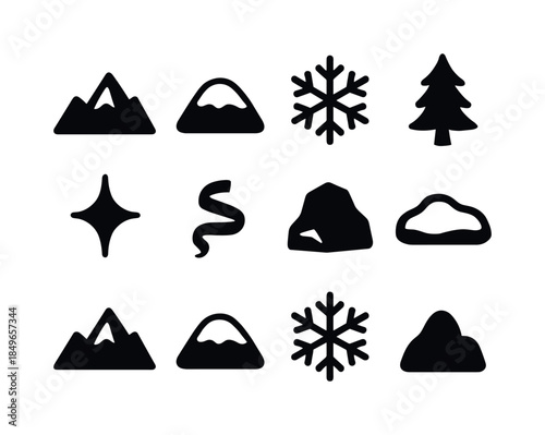 Snowy Mountain Icon Set. Snowy mountain icons. Filled icon set of snowy mountain icons: mountain icon, snowcap
