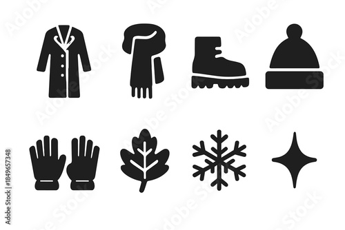 Teen Winter Fashion Icons. Teen winter wear trends. Filled icon set of teen winter wear trends: long coat,