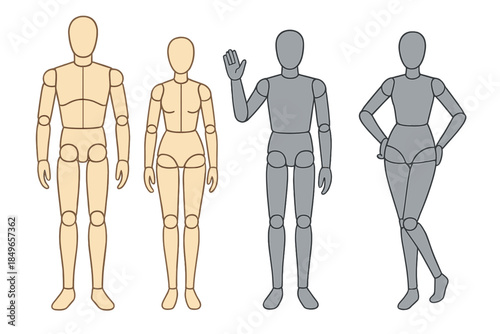 Four Human Mannequins in Different Colors and Poses