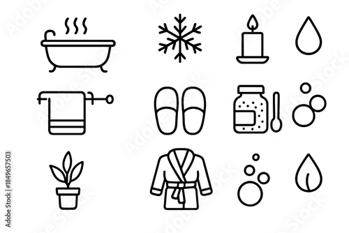 Winter Bath Icons. Relaxing winter soak. Line outline icon set of Relaxing winter soak: bathtub, steam,