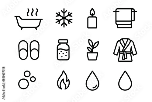 Winter Bath Icons. Relaxing winter soak. Line outline icon set of Relaxing winter soak: bathtub, steam,
