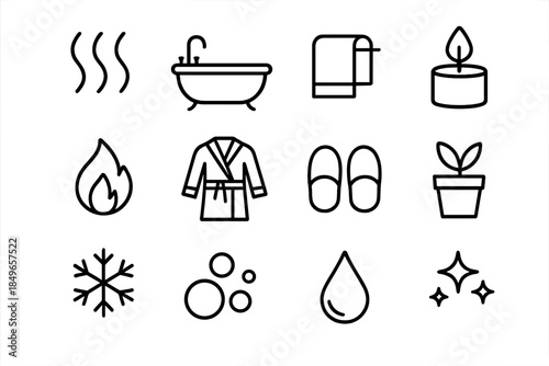 Winter Spa Icons. Winter spa relaxation. Line outline icon set of Winter spa relaxation: steam lines, bathtub,
