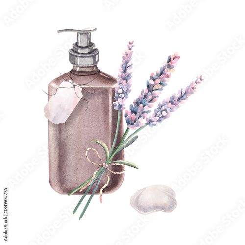 Dispenser bottle, blank label, lavender bouquet, foam. Hand-painted watercolor illustration, soap, cream, shampoo, conditioner vial isolated on white for cosmetics, skin, hair care product packaging