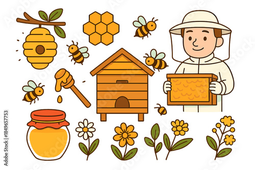 Beekeeper and Bees with Honeycomb and Hive