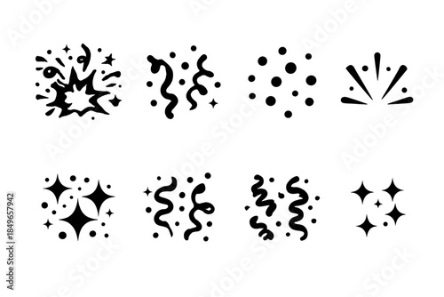 Black Confetti Icons. Party confetti explosion. Filled icon set of party confetti explosion: blast shape,
