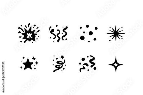 Black Confetti Icons. Party confetti explosion. Filled icon set of party confetti explosion: blast shape,