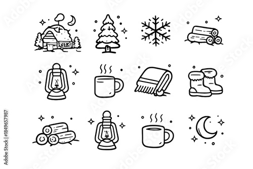 Cozy Cabin Icons. Cozy cabin in snowy woods. Line outline icon set of Cozy cabin in snowy woods: cabin,
